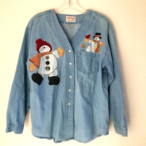 ⛄️VTG 80/90s snowman button down Henley shirt - Picture 1 of 8